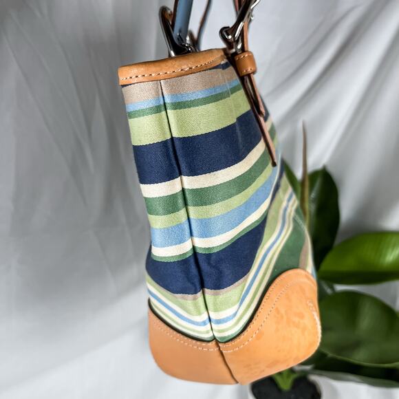 SOLD COACH Y2K 9516 Hampton Striped Canvas Mini Tote Bag Blue Green Tan Leather - Picture 7 of 11